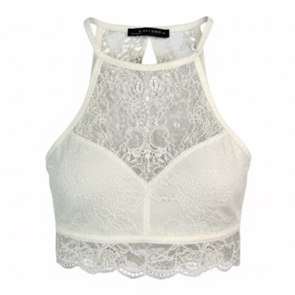SIGNATURE8 Lace Bralette Crop Top Ivory Keyhole Open Back Stretch Lined Size  L
